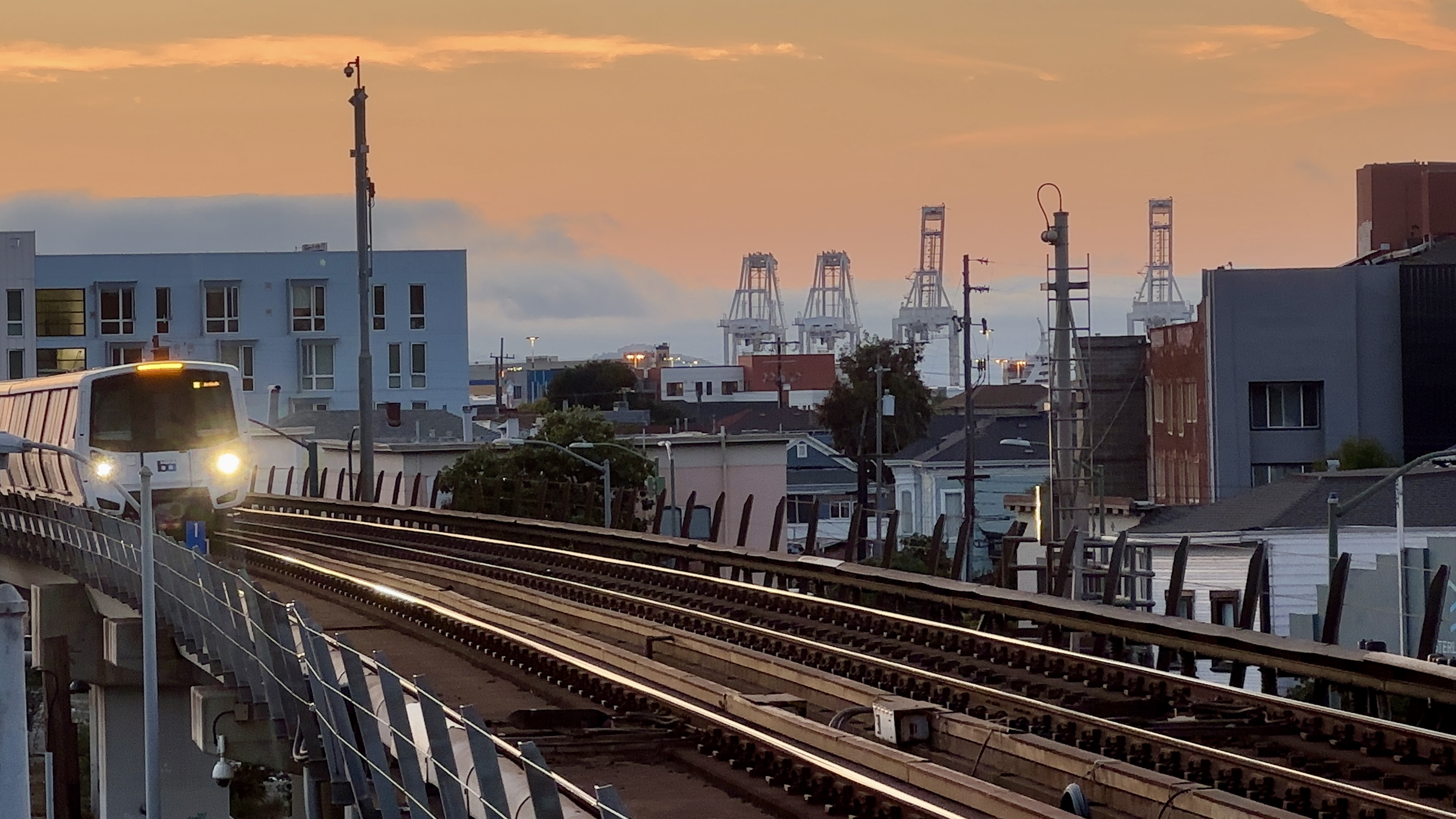 Oakland BART train at sunset
